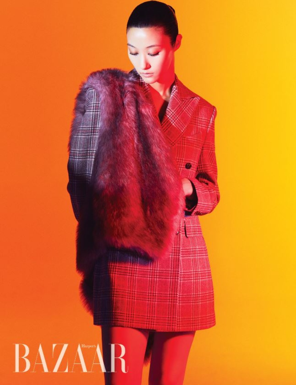 JAYBAEK COUTURE pink check double breasted jacket dress, pink fur vest in Magazine 