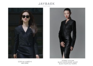 제이백쿠튀르 블랙 플리츠 숏 자켓, 블랙 플리츠 슬릿 스커트를 입은 배우 전여빈.