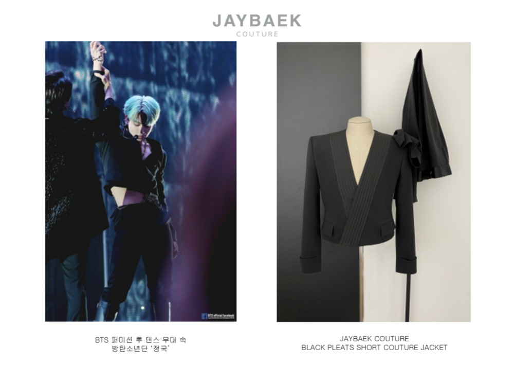 제이백쿠튀르 블랙 플리츠 숏 재킷을 입은 방탄소년단 ‘정국’